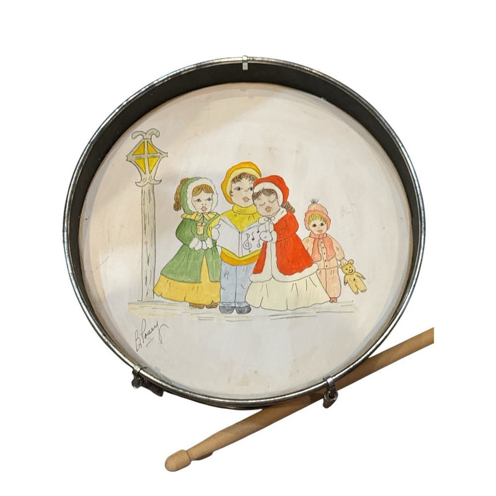 Hand Painted Drum Music Instrument Vintage With Drum Sticks